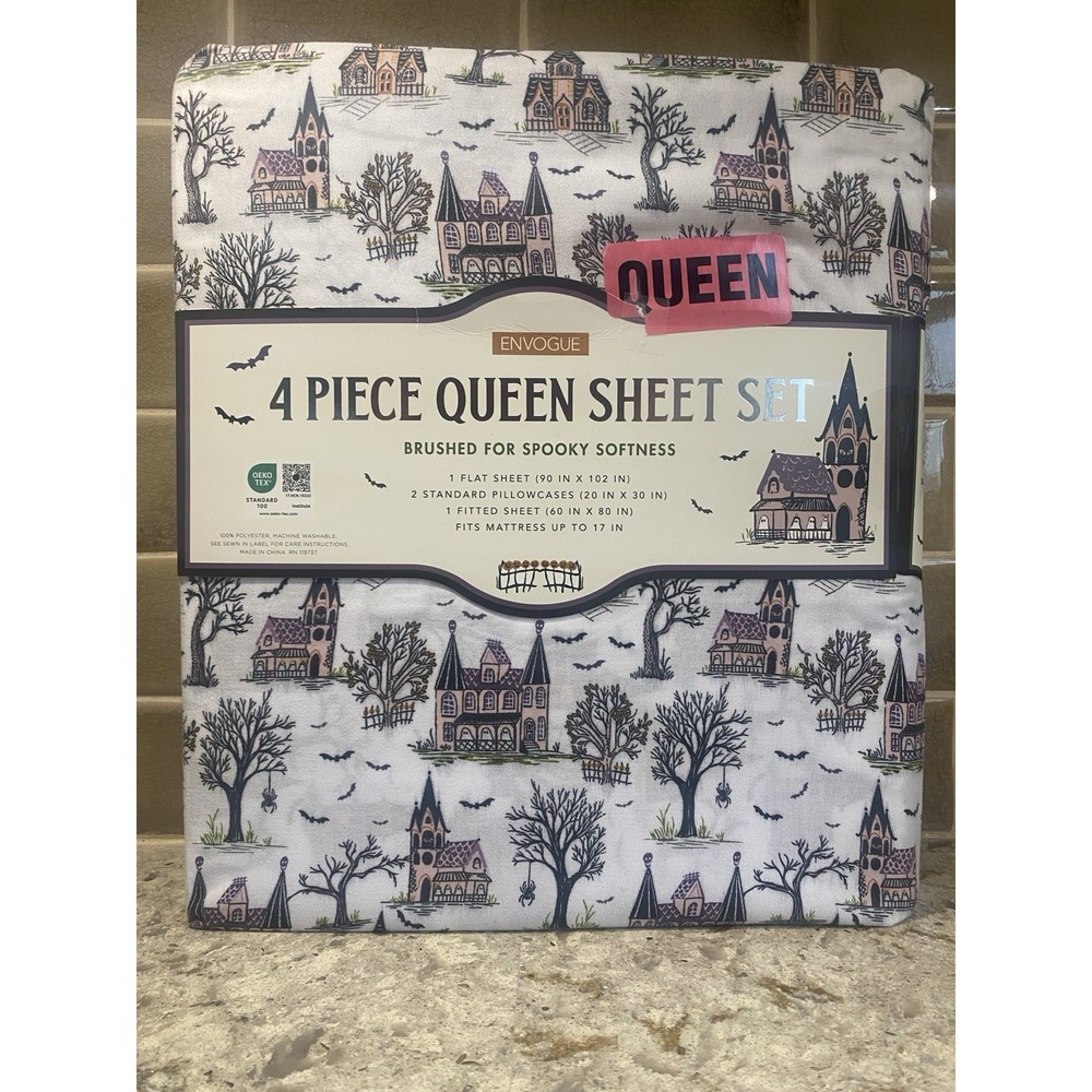 Envogue Queen Sheet Set Halloween Haunted House Spooky Ghosts Bat Spiders NWT